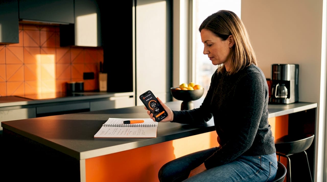 Woman checking mobile site speed at home