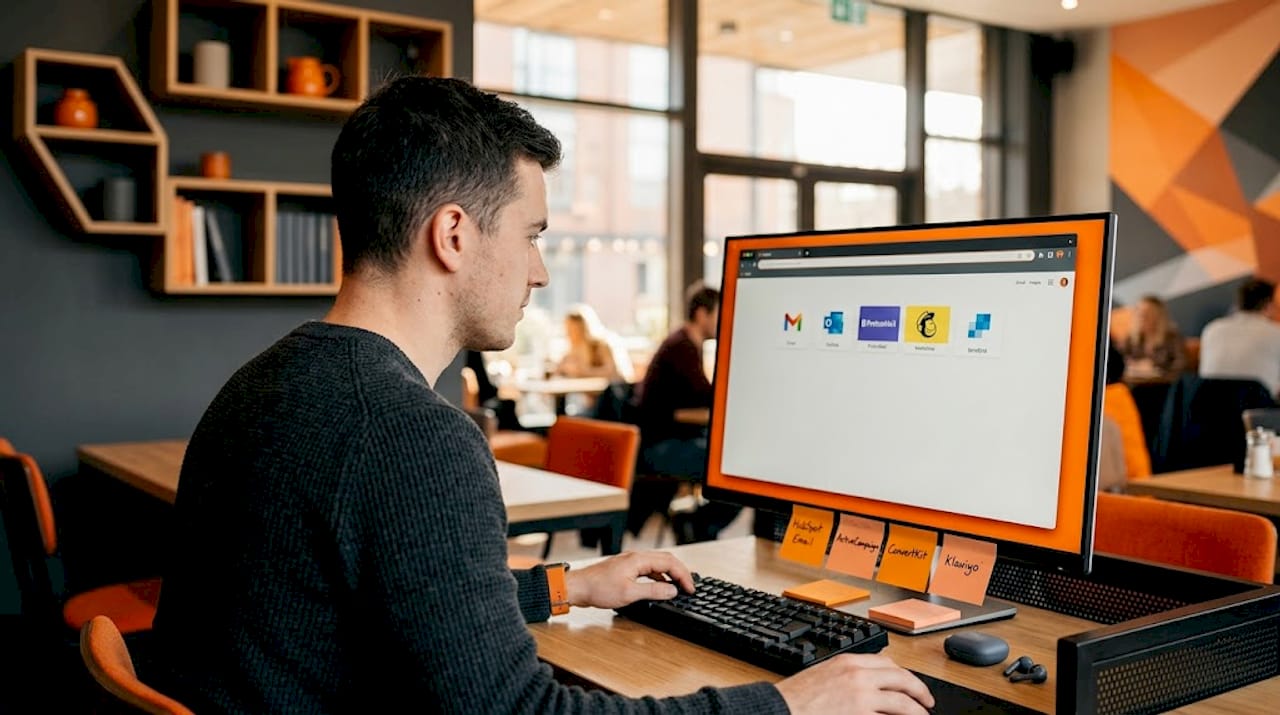 Man comparing email platforms at shared desk