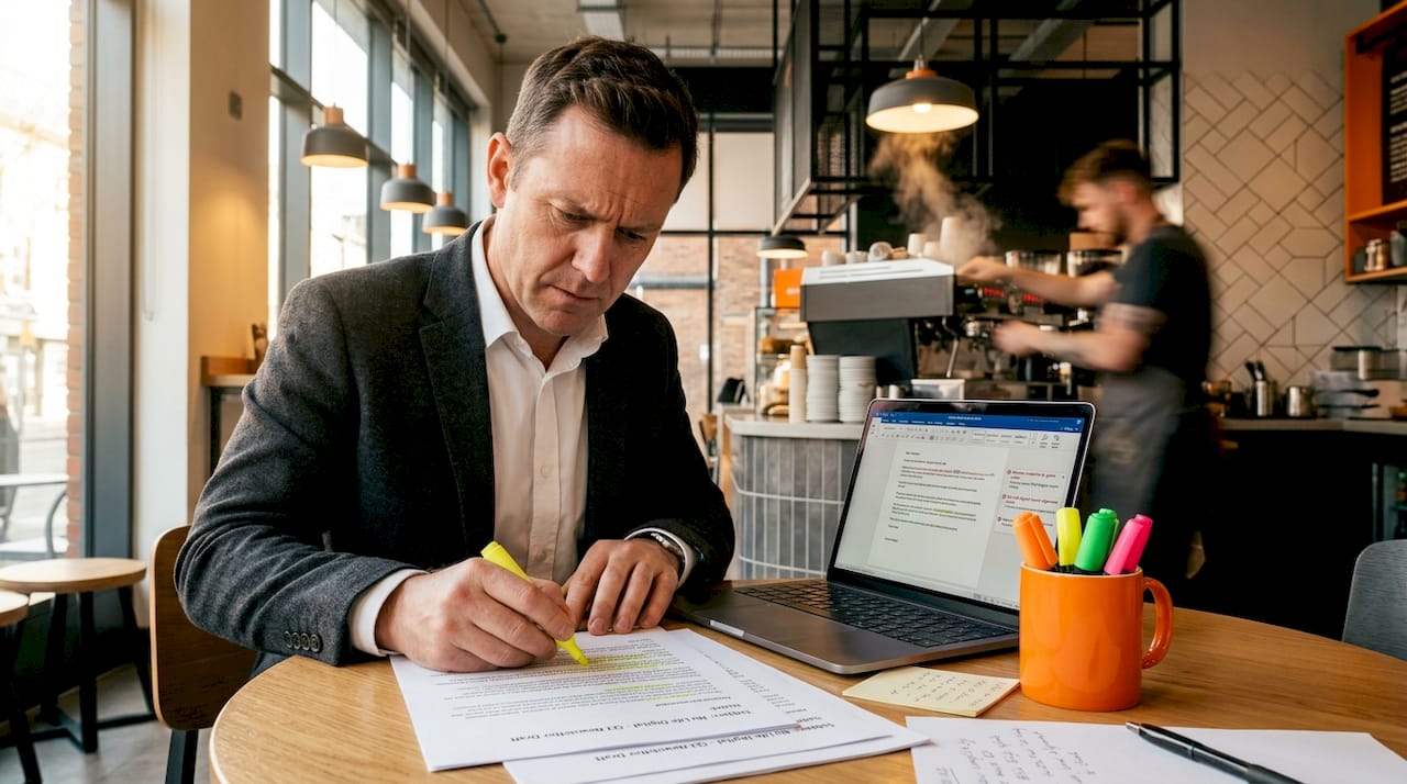 Marketer reviewing printed email campaign drafts
