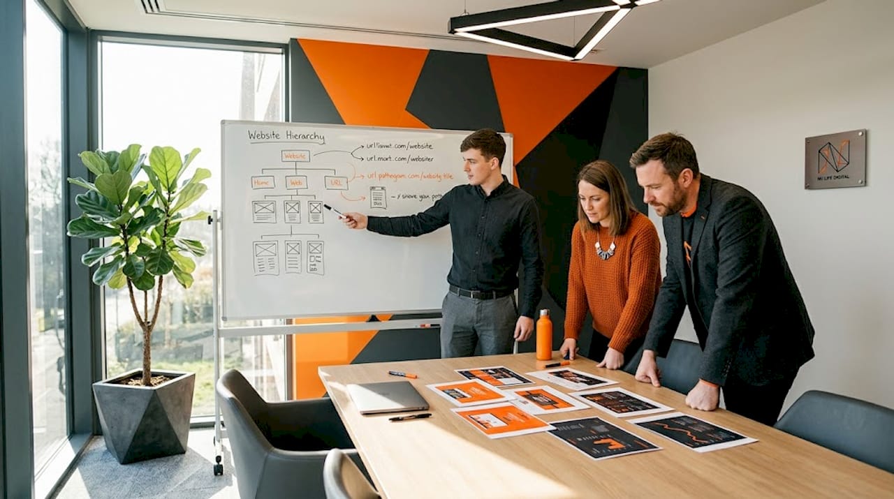 Team discussing website URL structure at whiteboard