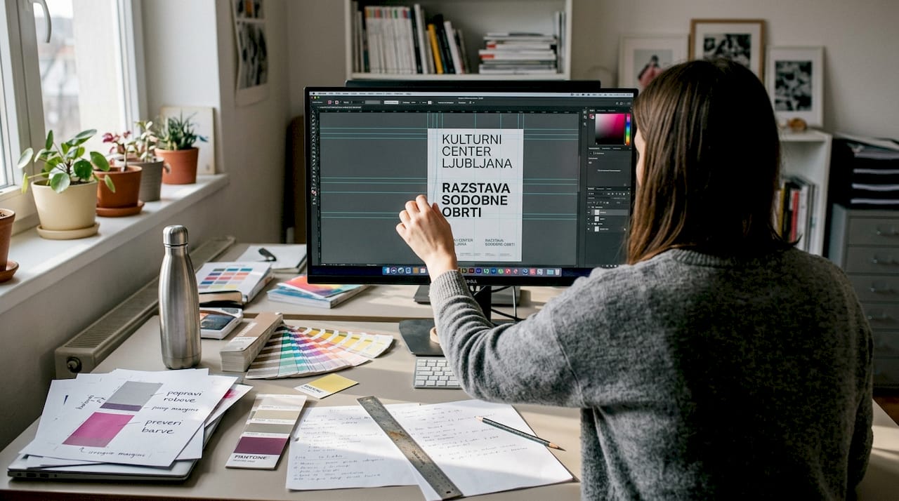 Oblikovalec v studiu preverja nastavitve za porezavo pred tiskom.