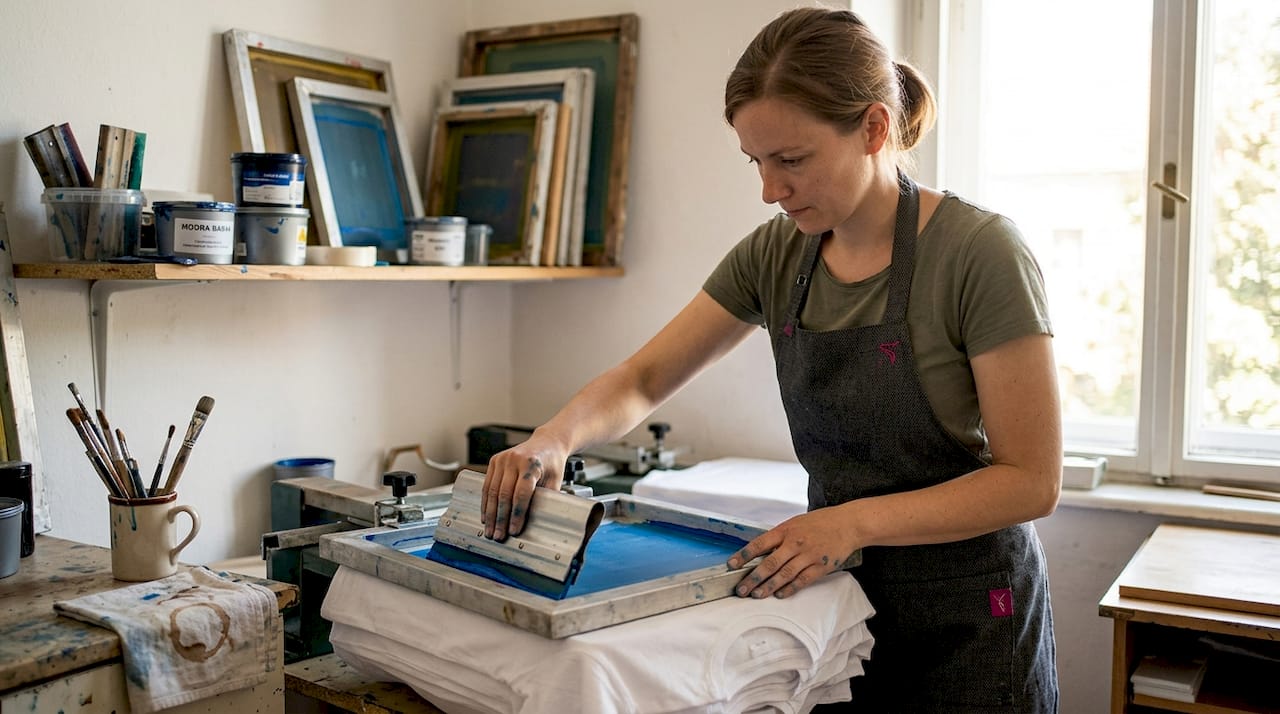 Delavec na bombažnih majicah izvaja sitotisk.