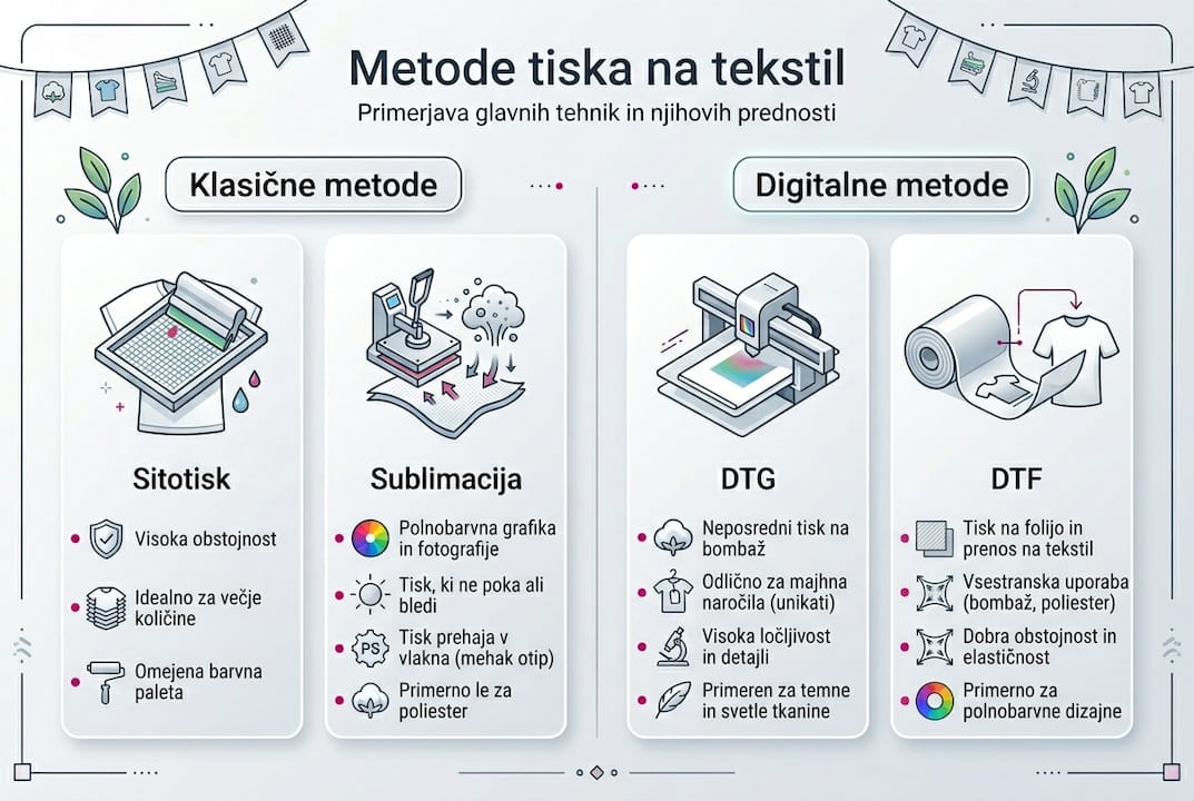 Infografika prikazuje različne tehnike tiskanja na tekstil in jih med seboj primerja.