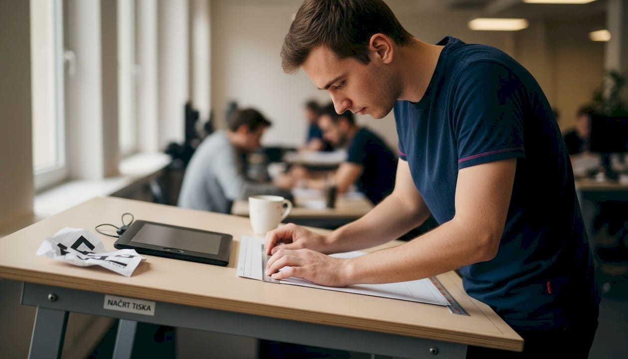 Oseba natančno preverja tehnične podrobnosti tiskarske predloge.