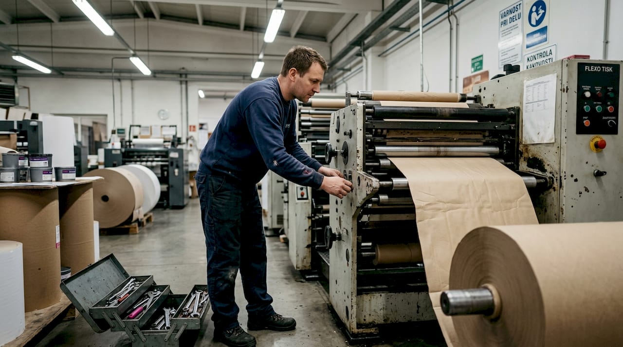Tehnik nastavlja fleksotiskarski stroj in skrbi za optimalno delovanje naprave.