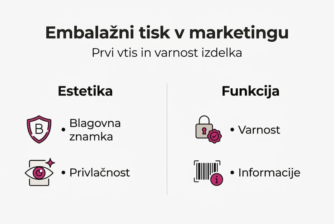 Infografika prikazuje, kakšno vlogo ima tisk na embalaži ter kakšne prednosti prinaša.