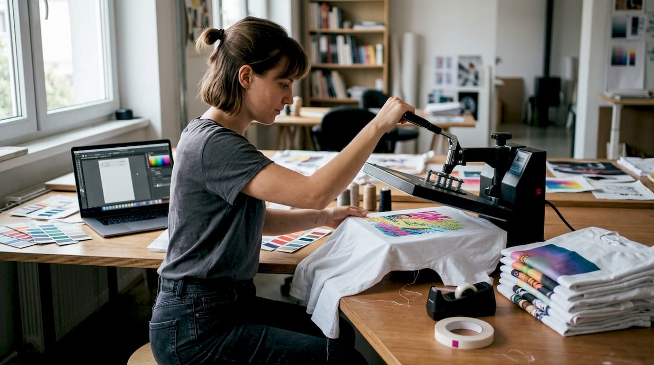 Oblikovalec s pomočjo DTF tehnike nanaša grafiko na majico.