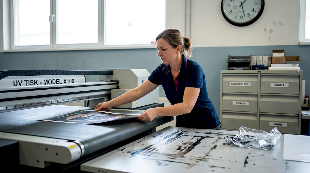 Ženska vzame pravkar natisnjen dokument iz tiskalnika.