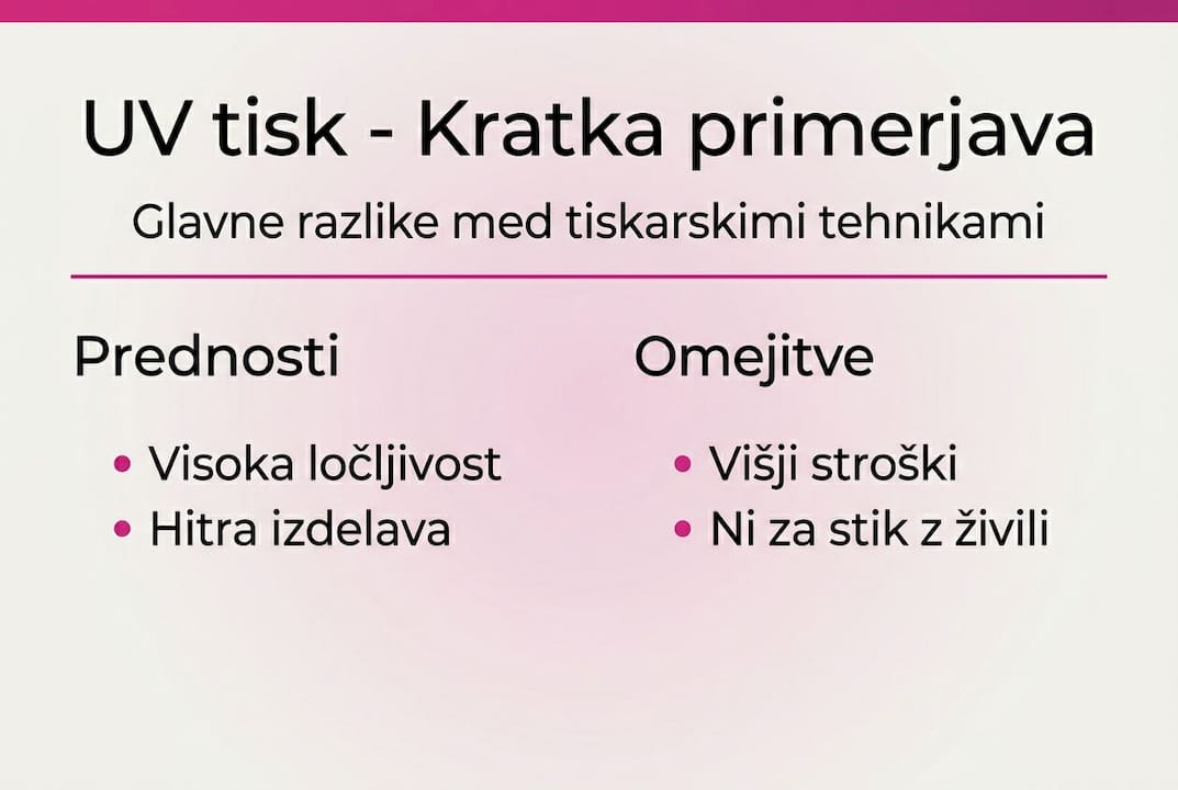 Pregled prednosti in slabosti UV tiska v infografski obliki