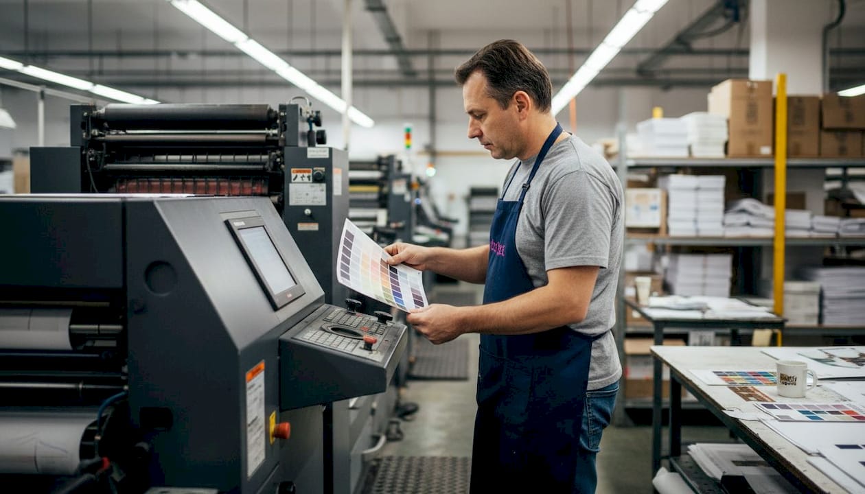 Tiskarski mojster preverja pravilnost barv na stroju.