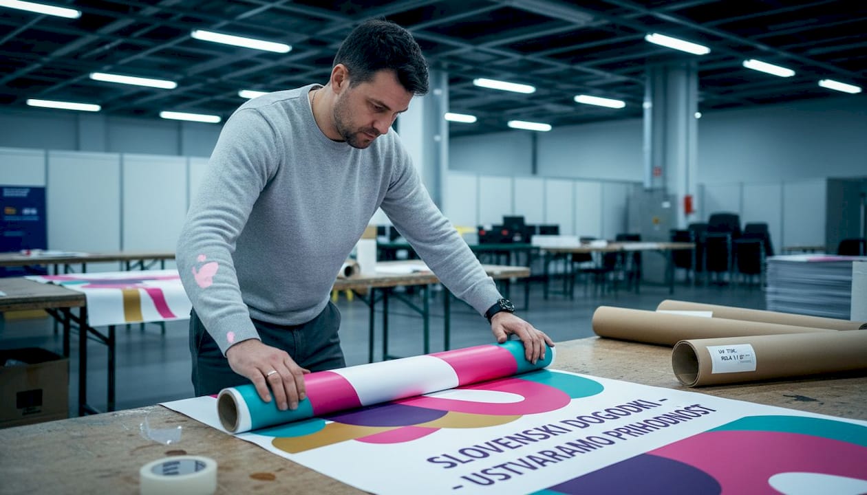 Preden sejem odpre svoja vrata, razgrnemo UV-tiskani transparent in preverimo, če je vse brezhibno pripravljeno za predstavitev.