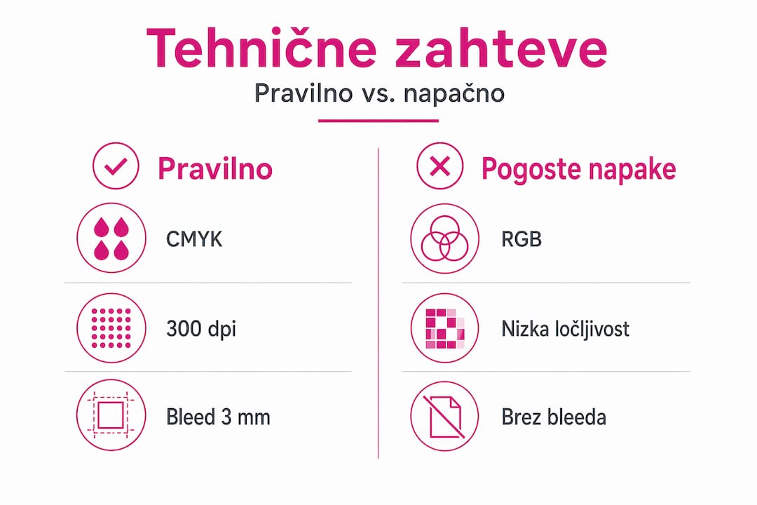 Infografika: primerjava pravilnih in nepravilnih nastavitev za tiskanje
