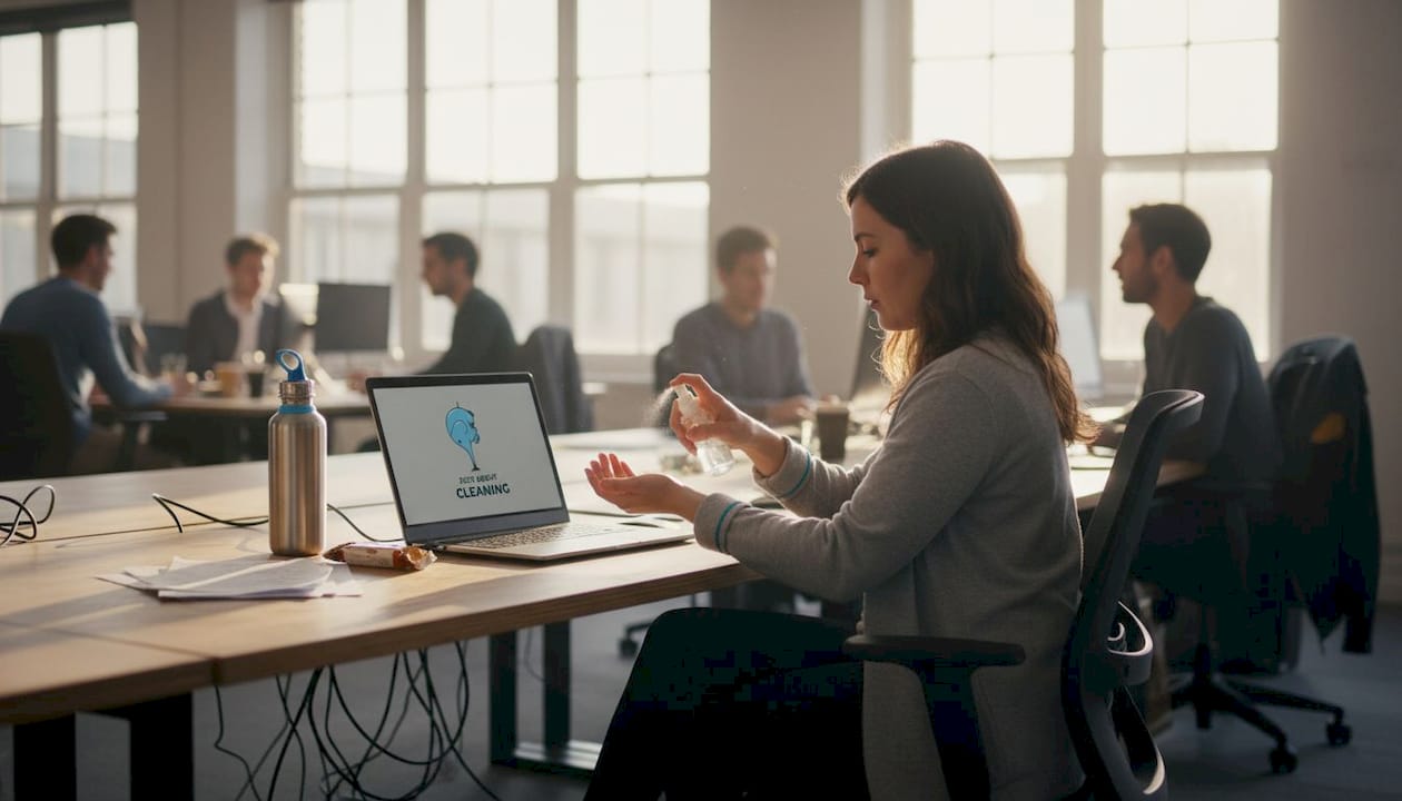 Employee using sanitizer in workspace