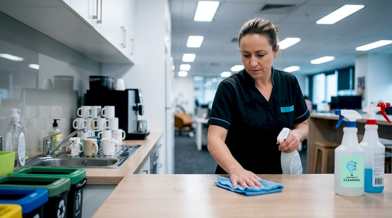 Cleaner wipes counter with color-coded supplies