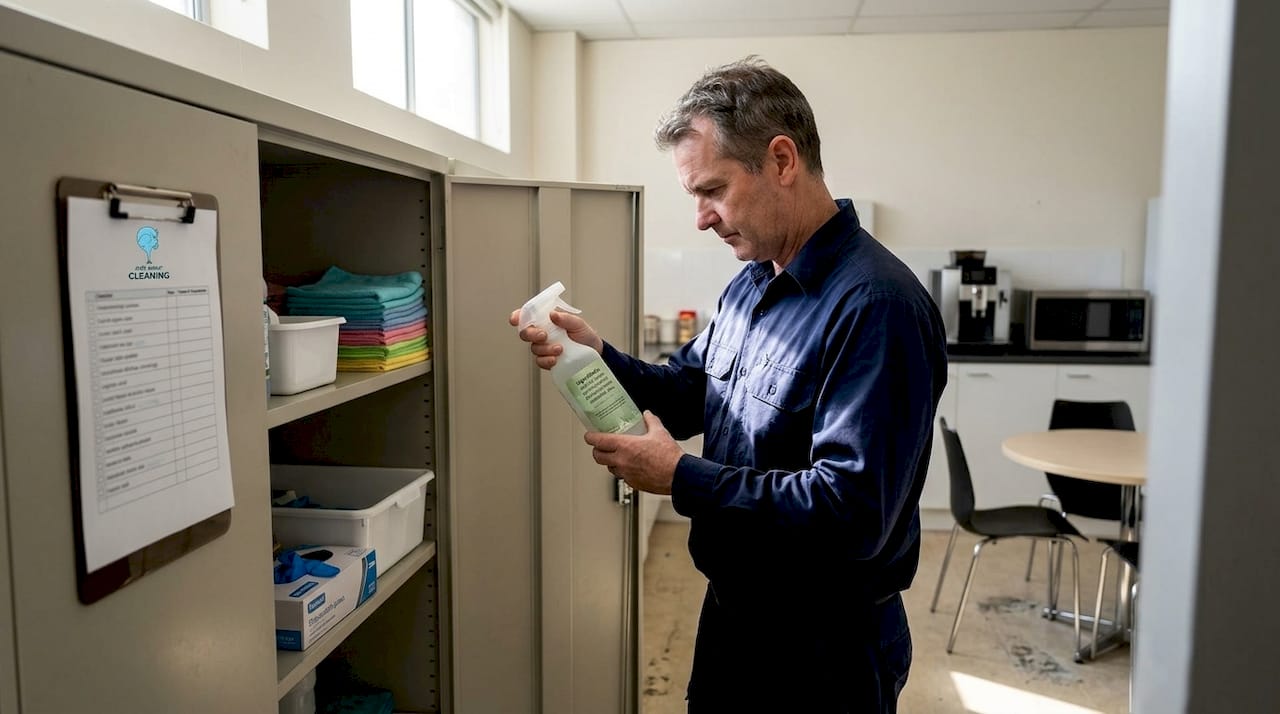 Janitor choosing eco-friendly cleaning products