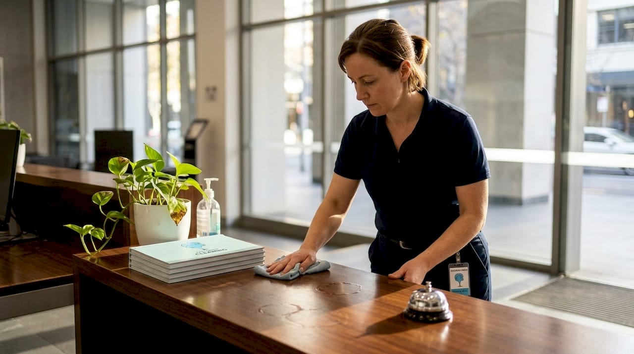 Cleaner disinfects office reception desk in afternoon