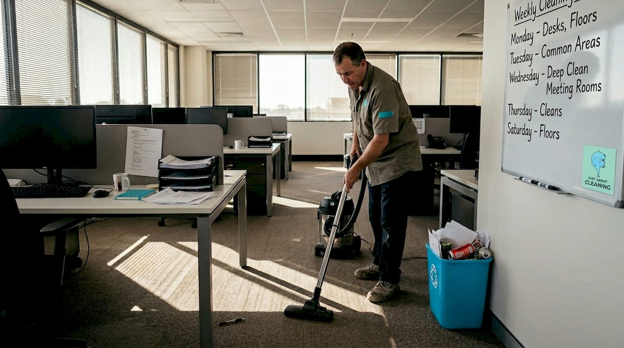 Janitor vacuuming office with daily clutter visible