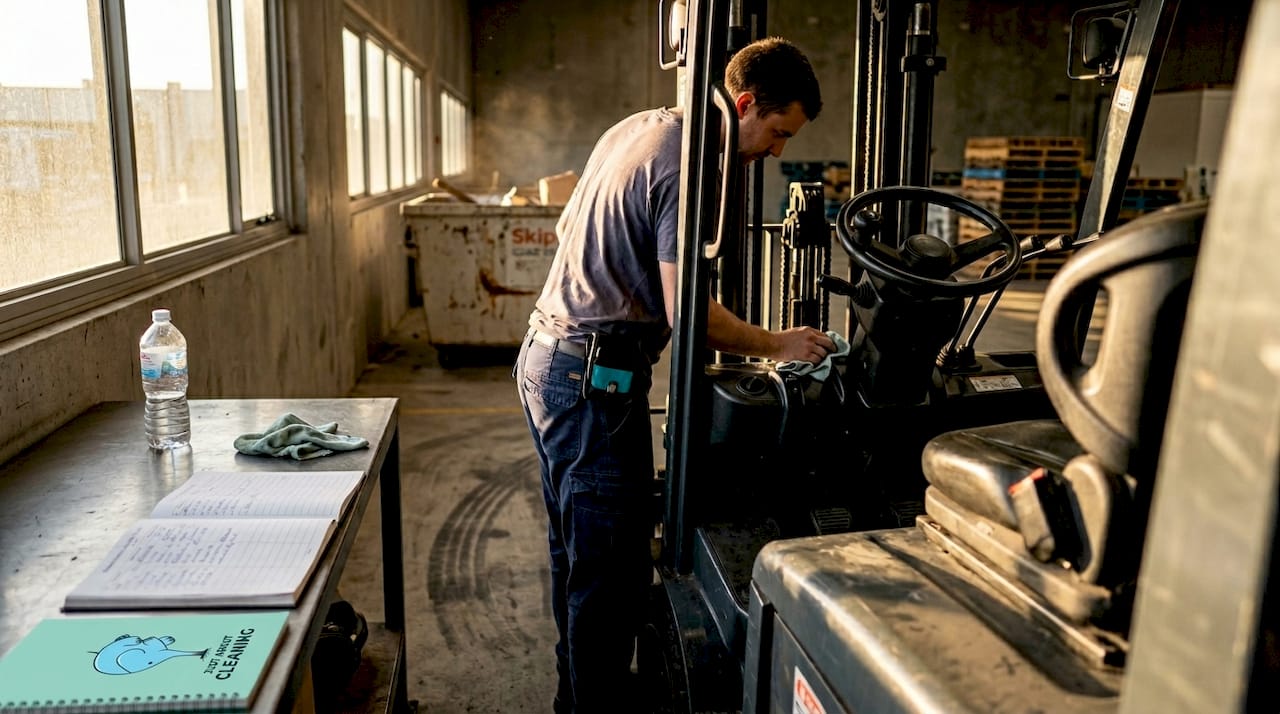 Warehouse worker cleaning forklift for maintenance