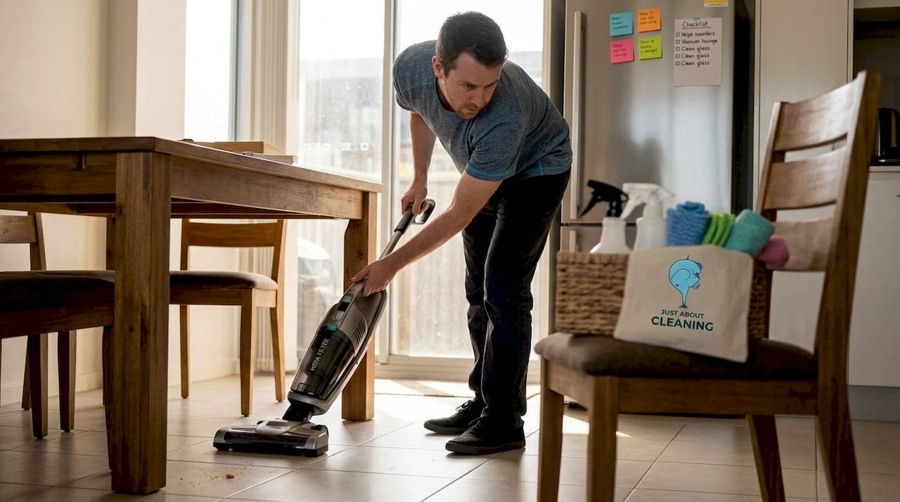 Man vacuuming under dining table, cleaning supplies nearby