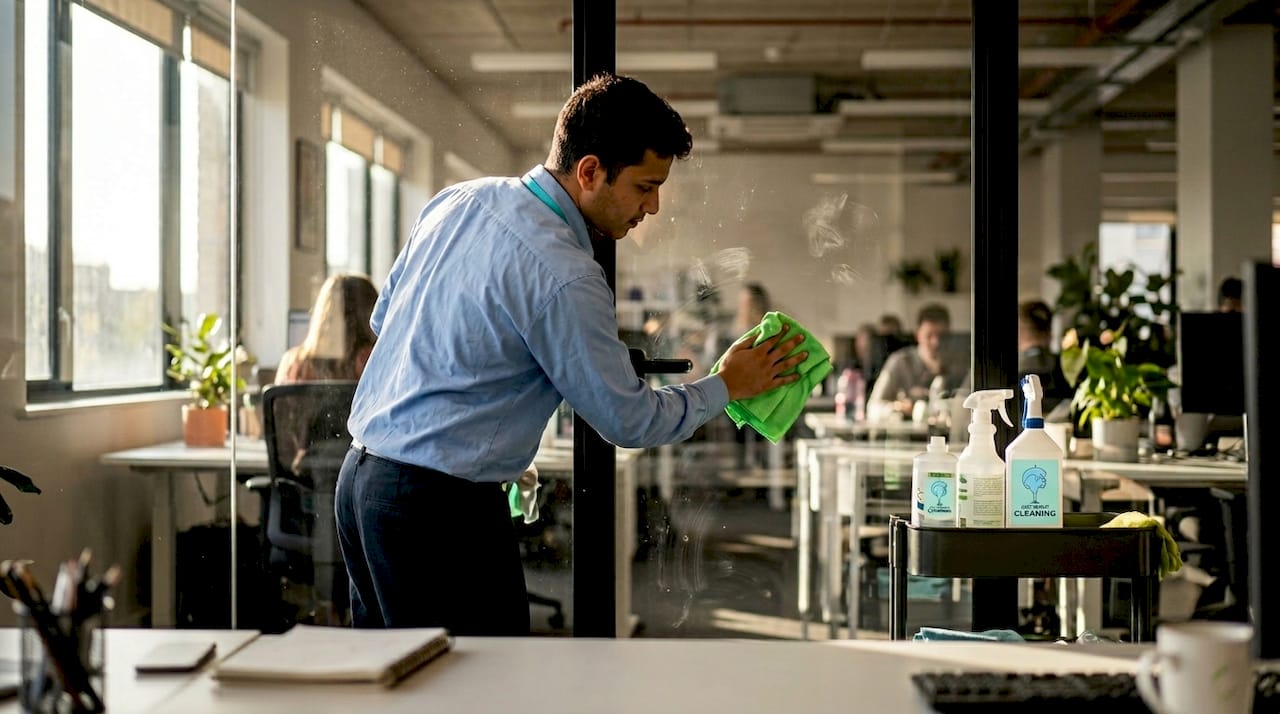 Janitor cleaning office door with microfibre cloth