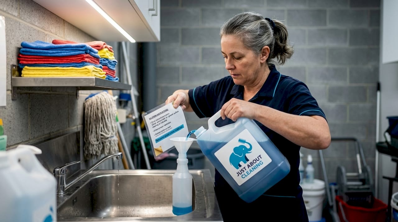Janitor preparing microfibre cloths and mop refill