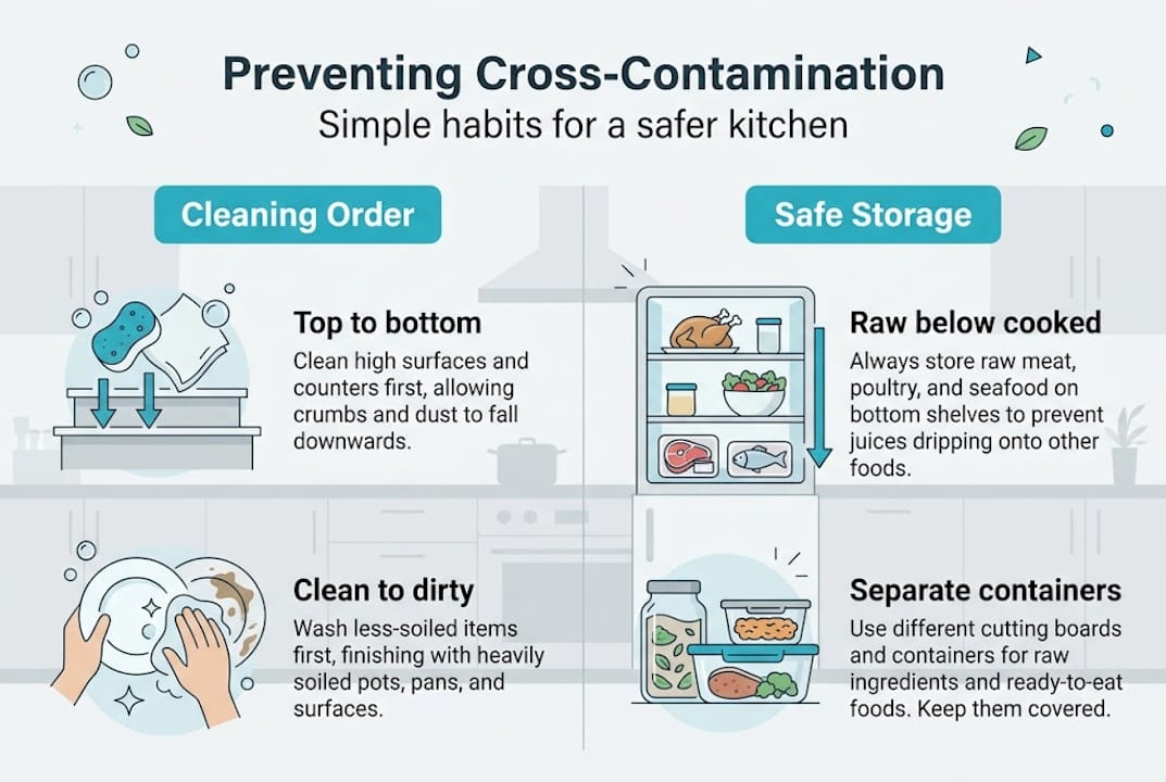 Infographic showing safe kitchen cleaning habits