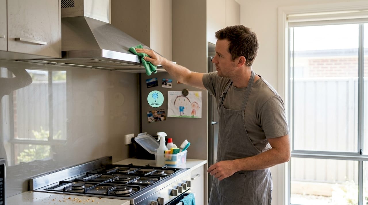 Man cleaning rangehood and upper kitchen cabinets