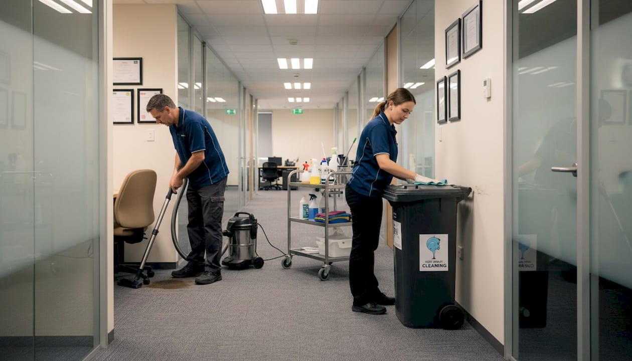 Cleaning team vacuuming and tidying office hall