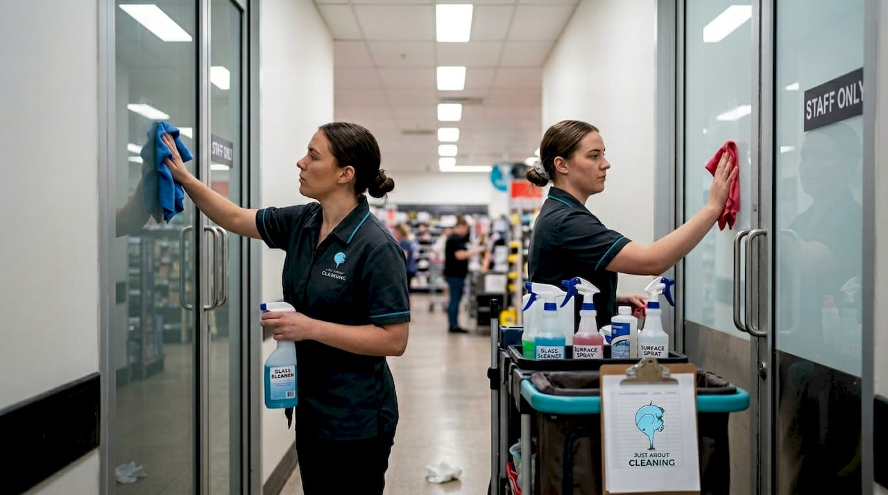 Staff cleaning doors with color coded cloths