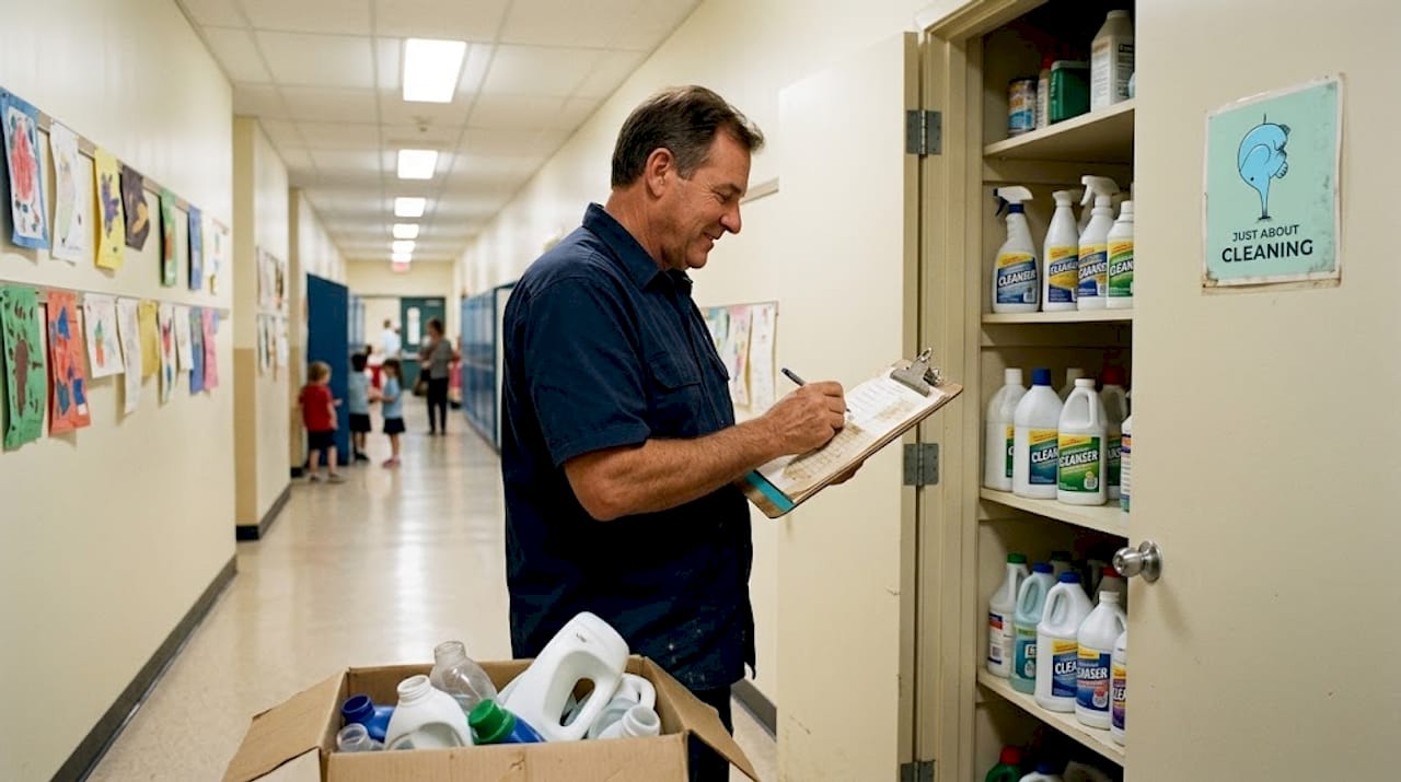 Supervisor inspecting cleaning product list in hallway
