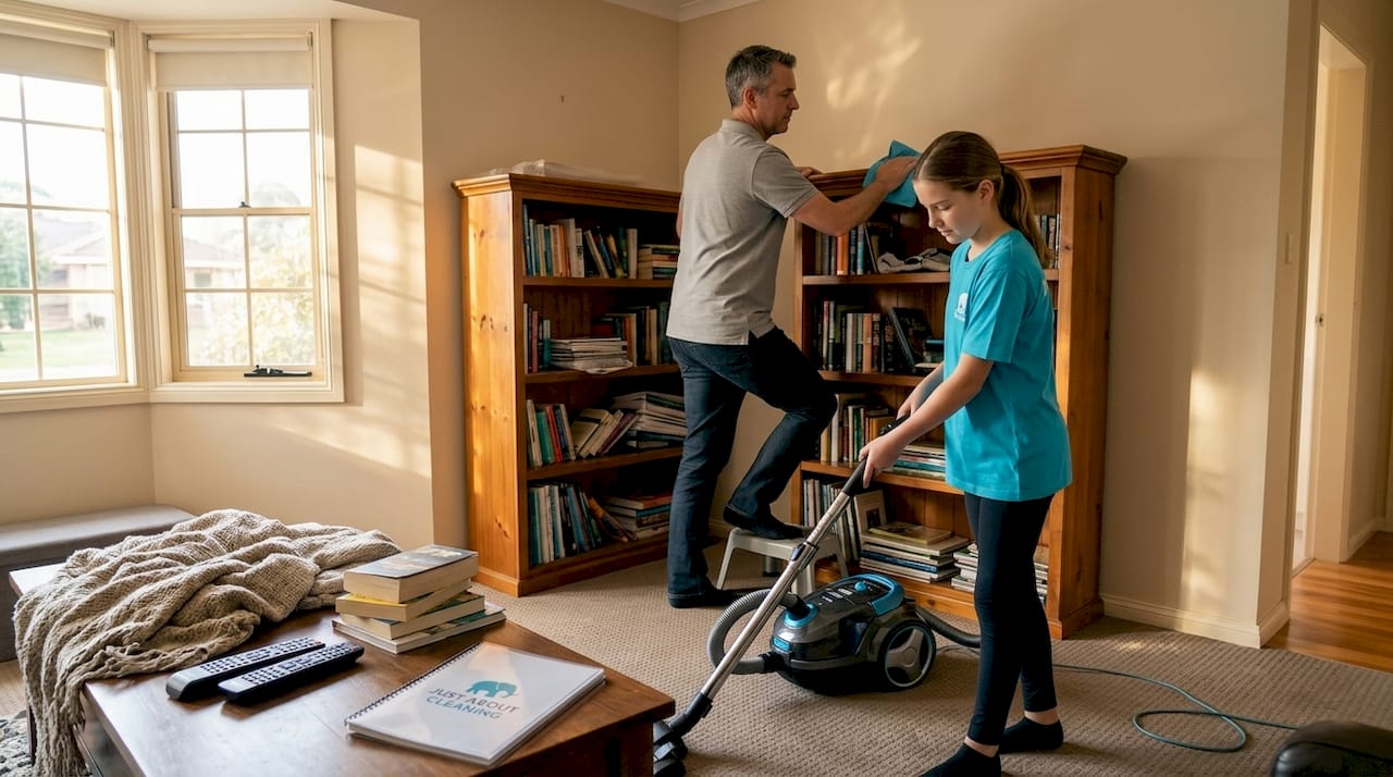 Family dusting and vacuuming living room sequentially