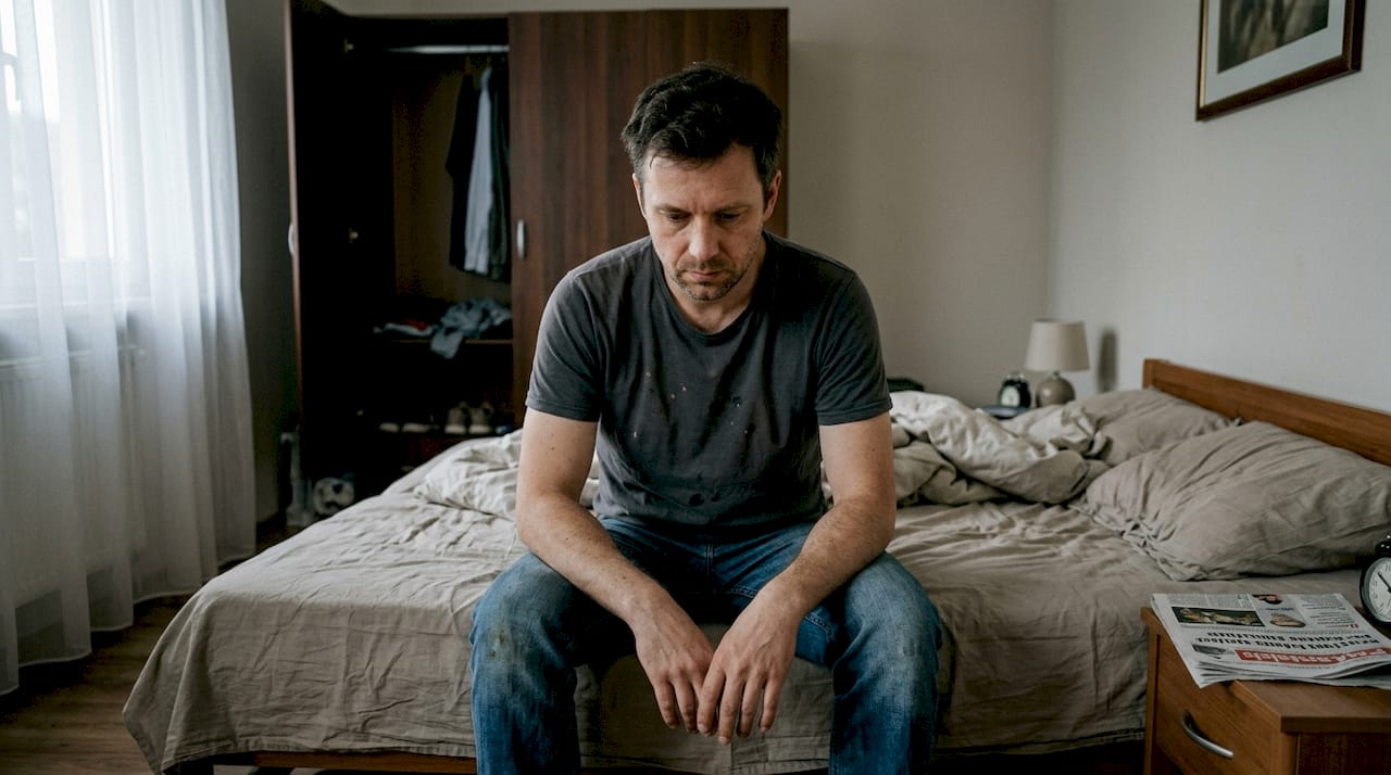 Mężczyzna leży samotnie na łóżku, próbując poradzić sobie z życiowym kryzysem.