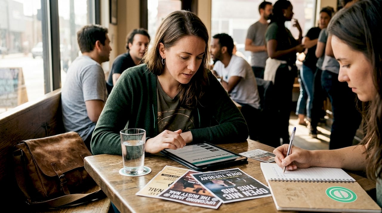 Musicians inviting peers in café setting