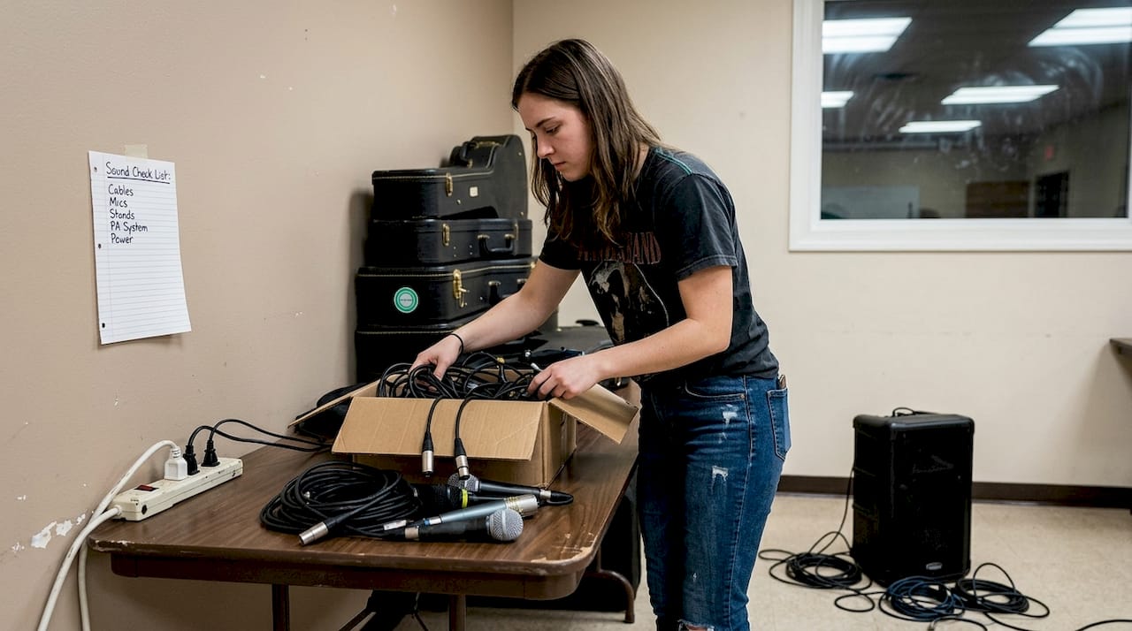 Musician setting up jam session equipment