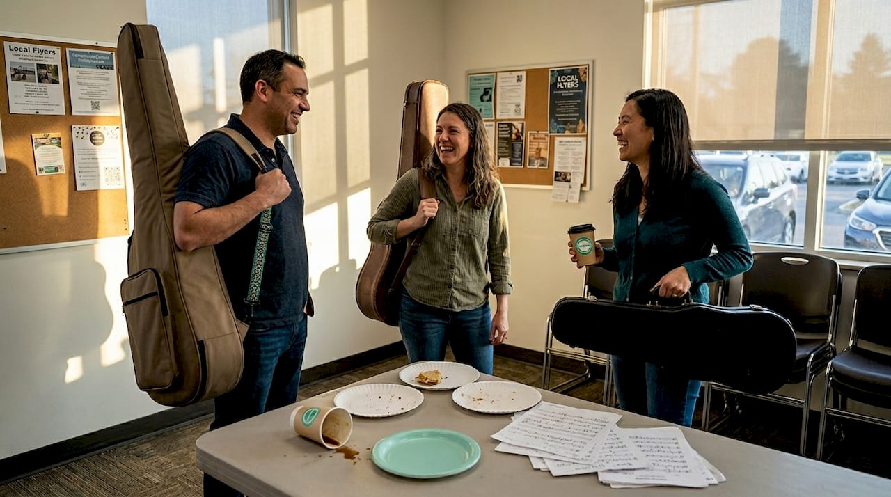 Musicians chatting after jam session with instruments