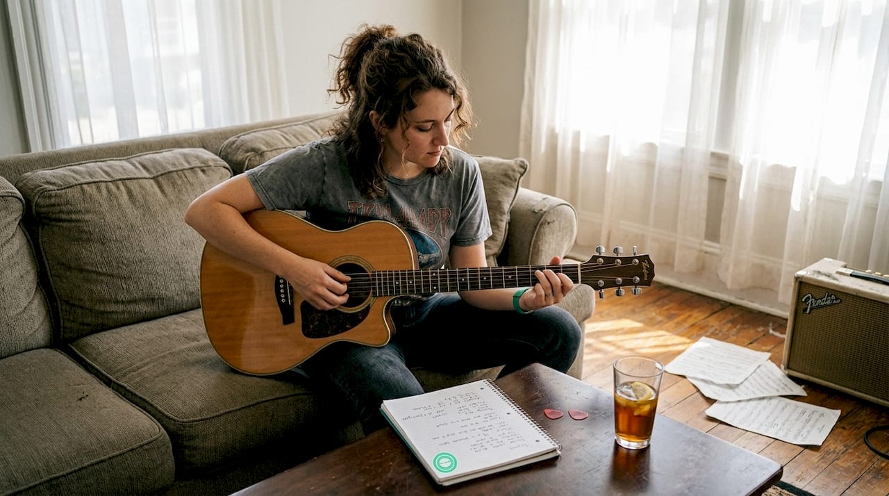 Guitarist practicing etiquette before jam session