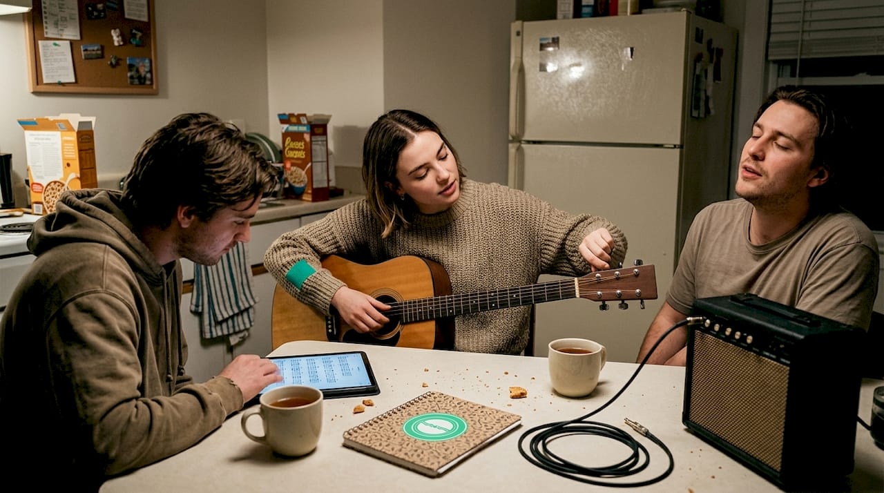 Beginner musicians practicing together at home
