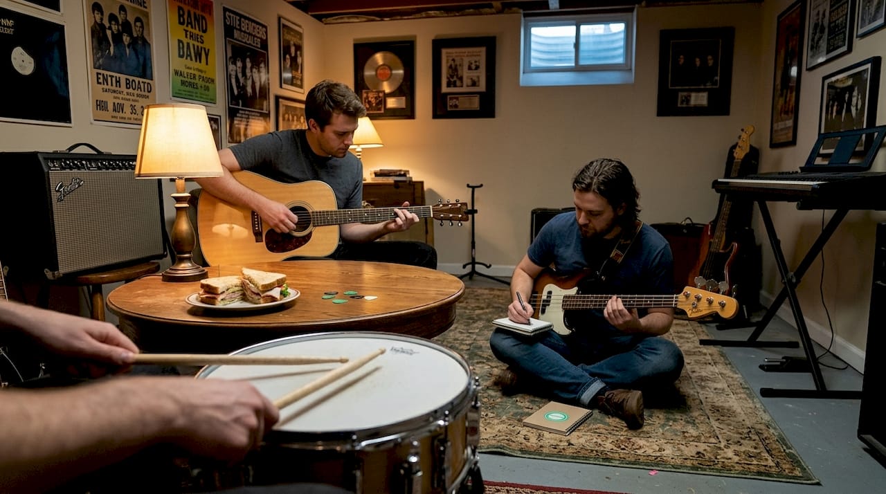 Small group in relaxed jam session basement