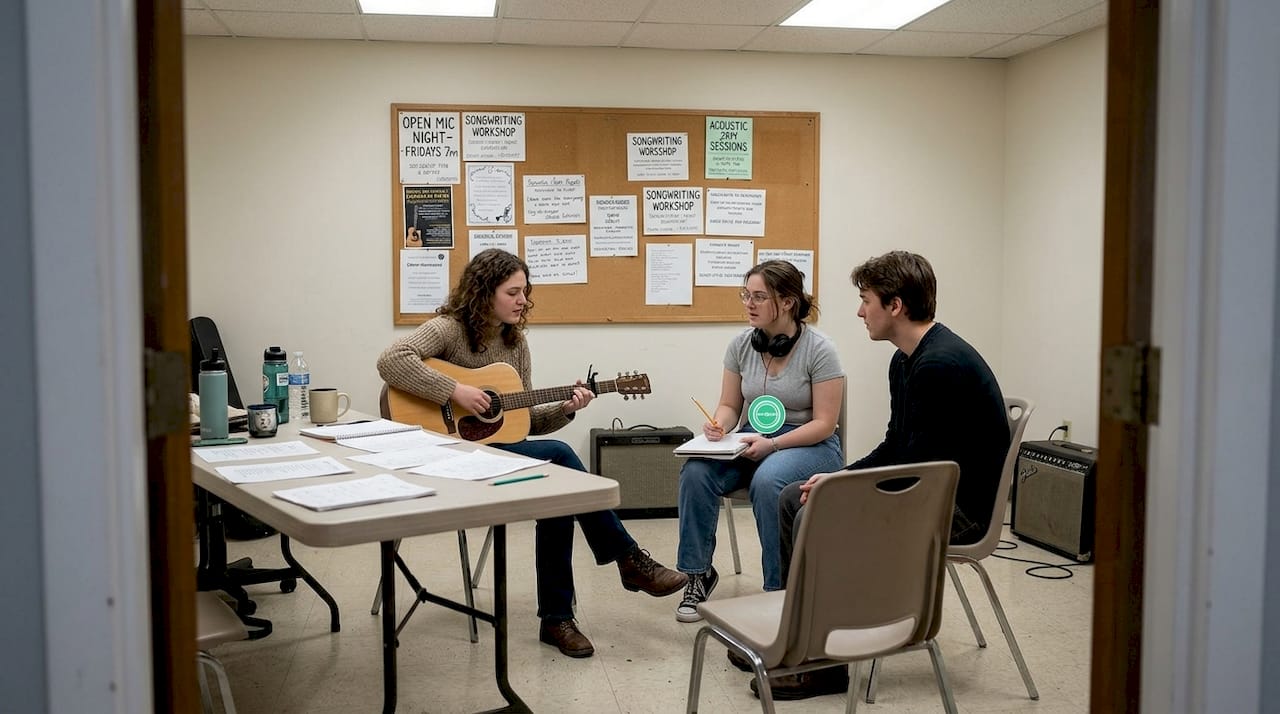 Songwriters sharing feedback in community classroom