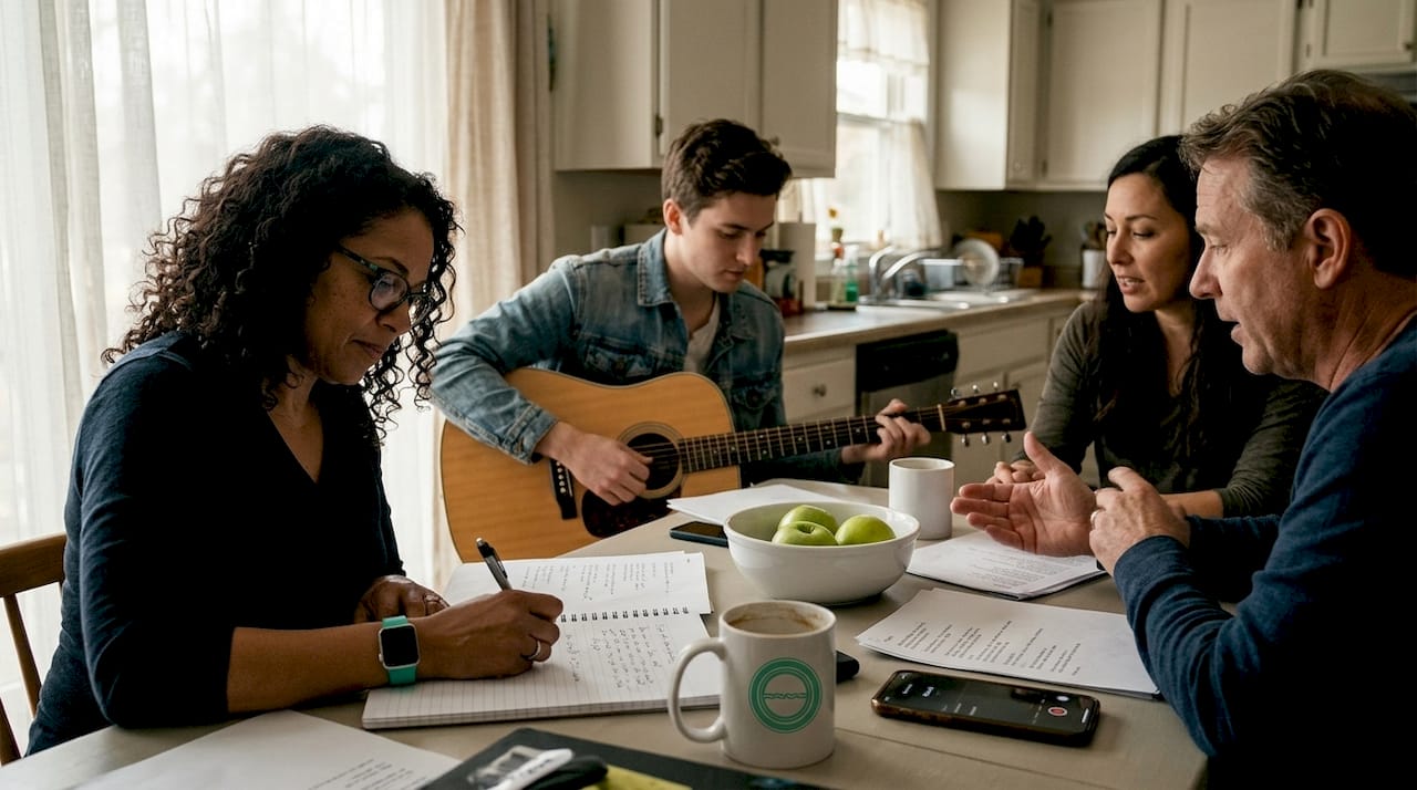 Musicians collaboration at songwriting workshop table