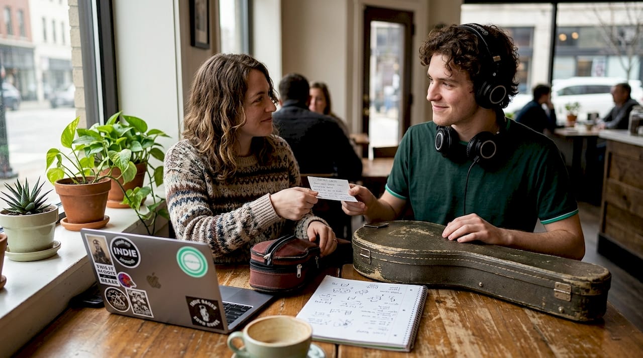 Musicians networking over coffee after jam