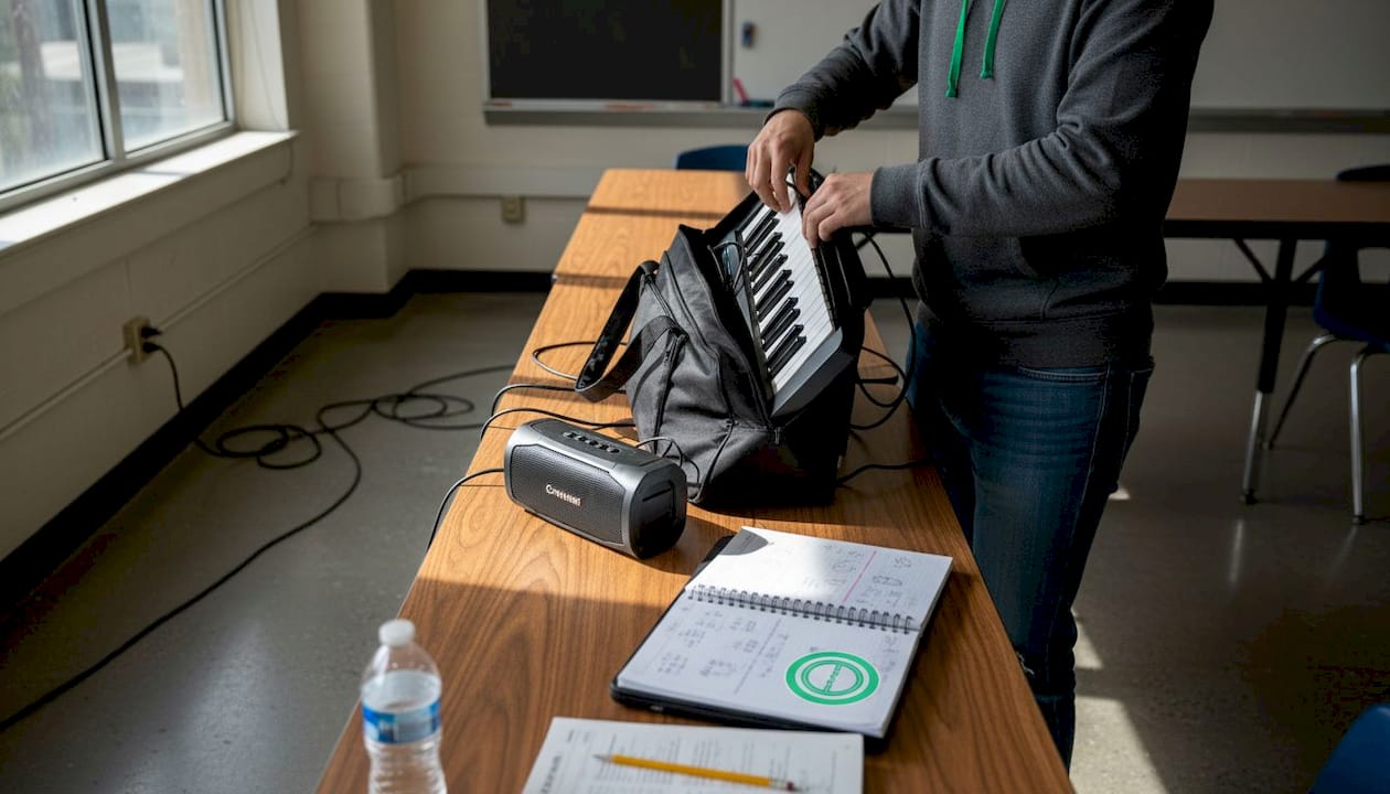 Student setting up keyboard and cables