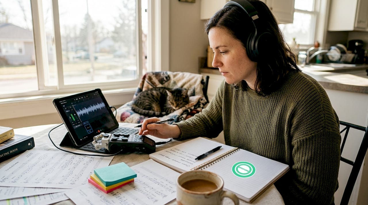 Solo musician editing music at kitchen table