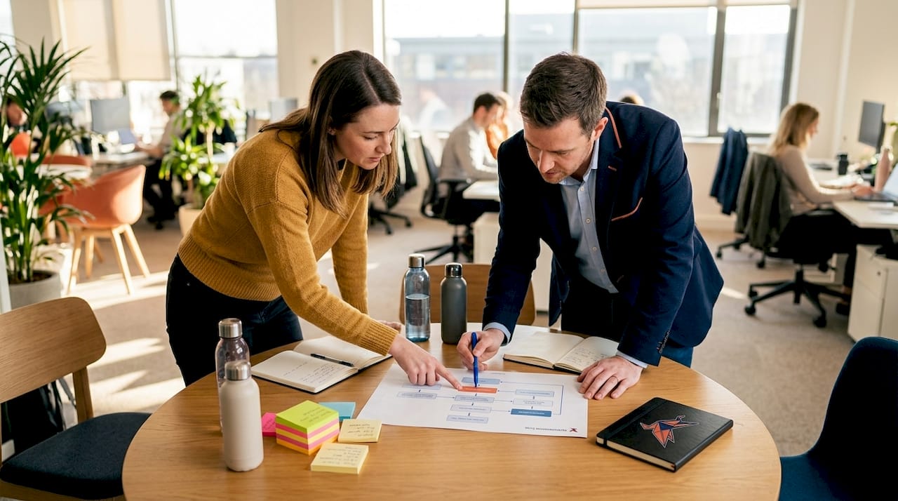 Team reviews hybrid automation workflow diagram