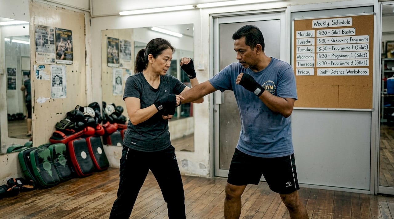 Practicing self-defence in martial arts studio