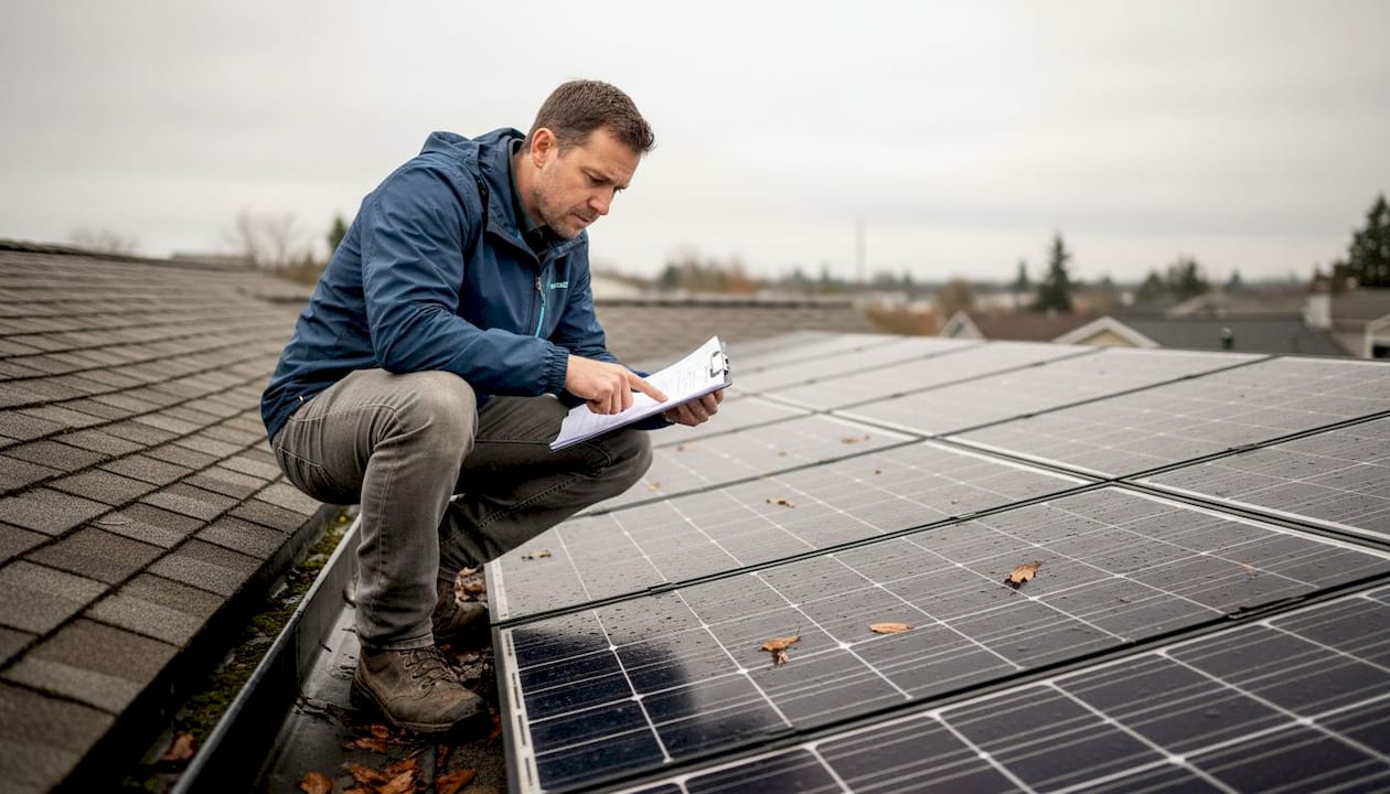 Technician inspecting rooftop solar panels