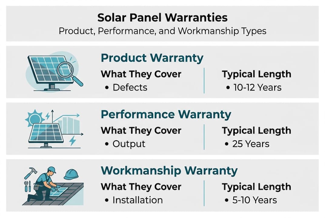 Infographic showing solar panel warranty types