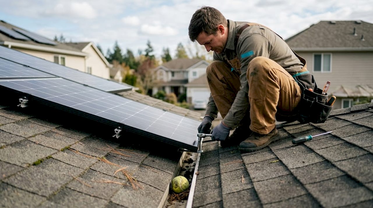 Installer fixing monocrystalline solar panel on roof