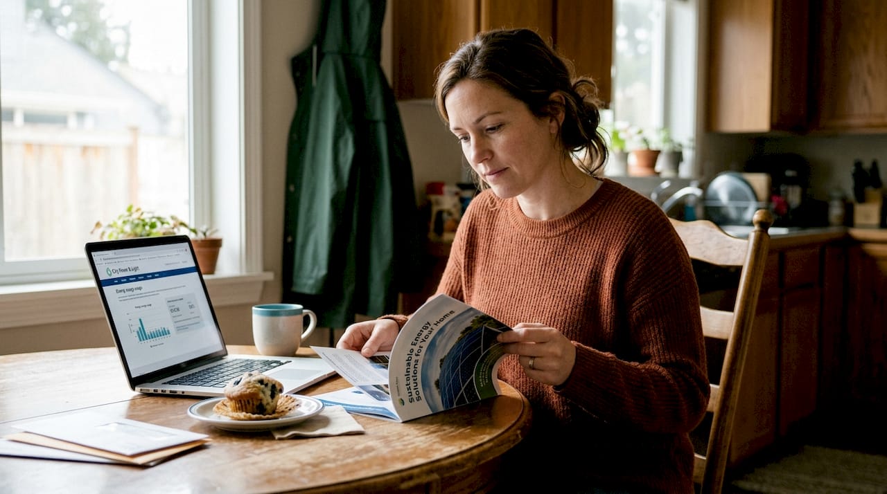 Homeowner reviews solar panel brochure at kitchen table