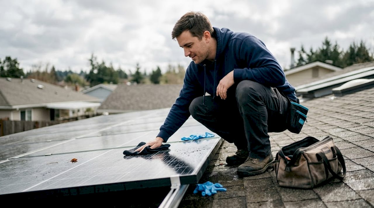 Technician cleaning monocrystalline solar panel